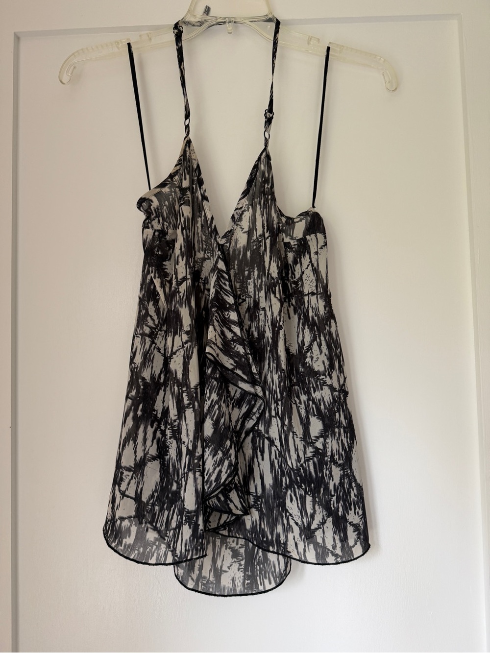 Guess Black and White Abstract Ruffle Halter Cami